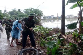 Cán bộ, chiến sỹ Bộ đội Biên phòng tỉnh Quảng Nam giúp đỡ người dân xã Tam An, huyện Phú Ninh, dọn dẹp vệ sinh môi trường sau mưa lụt. (Ảnh: Đỗ Trưởng/TTXVN)