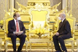 Chủ tịch nước Nguyễn Xuân Phúc hội kiến Quốc vương Campuchia Norodom Sihamoni tại Cung điện Hoàng gia Campuchia. (Ảnh: Thống Nhất/TTXVN)