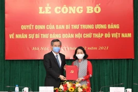 Ông Nguyễn Quang Dương, Phó Trưởng Ban tổ chức Trung ương trao quyết định của Ban Bí thư Trung ương Đảng cho bà Bùi Thị Hòa. (Ảnh: Thanh Tùng/TTXVN)