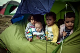 Trẻ em trong những căn lều tạm tại Idomeni, biên giới Hy Lạp-Macedonia ngày 7/3. (Nguồn: AFP/TTXVN)
