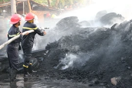 Dập tắt đám cháy tại khóm Mỹ Thọ, phường Mỹ Quý, thành phố Long Xuyên, tỉnh An Giang chiều 14/2. (Ảnh: TTXVN)