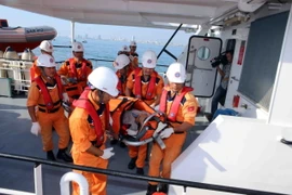 Chuyển ngư dân bị nạn đi cấp cứu. (Ảnh: TTXVN)