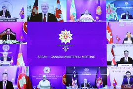 Bộ trưởng Ngoại giao các nước tham dự Hội nghị Bộ trưởng Ngoại giao ASEAN-Canada theo hình thức trực tuyến. (Ảnh: Phạm Kiên/TTXVN)