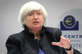 Bà Janet Yellen, khi đang giữ chức Chủ tịch Fed, phát biểu tại một hội nghị ở Frankfurt, Đức ngày 14/11/2017. (Ảnh: AFP/TTXVN)