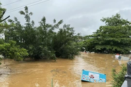 Mưa lớn kéo dài đã khiến nước sông Lô ở thành phố Hà Giang dâng cao, gây ngập lụt các hộ sống ven sông, tiềm ẩn nguy cơ đuối nước. (Ảnh: Minh Tâm/TTXVN)