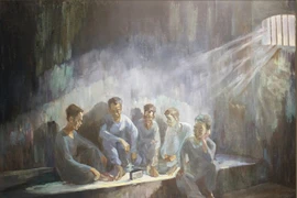 Tranh vẽ tù nhân Côn Đảo nghe radio trong phòng giam. Nguồn: Trung tâm Bảo tồn Di tích quốc gia Côn Đảo