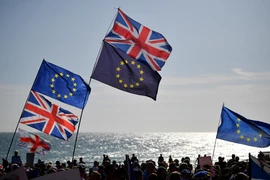 Cờ Liên minh châu Âu và quốc kỳ Anh trong cuộc tuần hành của các nhà hoạt động xã hội ở Brighton, miền Nam Anh. (Nguồn: AFP/TTXVN)