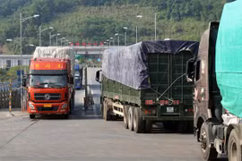 Xe chở hàng làm thủ tục thông quan tại cửa khẩu đường bộ số II Kim Thành. (Ảnh: Quốc Khánh/TTXVN)