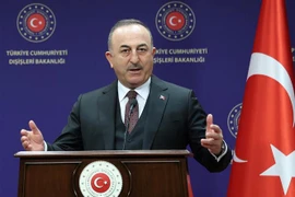 Ngoại trưởng Thổ Nhĩ Kỳ Mevlut Cavusoglu phát biểu tại một cuộc họp báo ở Ankara. (Ảnh: AFP/TTXVN)