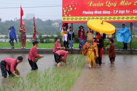 Tái hiện sinh động hình ảnh Vua Hùng dạy dân cấy lúa. (Ảnh: Trung Kiên/TTXVN)