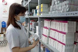 Nhân viên y tế bổ sung số thuốc mới được cung ứng vào quầy thuốc Bảo hiểm Y tế. (Ảnh: Xuân Triệu/TTXVN)