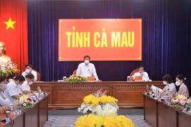 Ban Chỉ đạo phòng chống COVID-19 tỉnh Cà Mau tổ chức buổi họp khẩn bằng hình thức trực tuyến với tất cả các cấp, ngành, địa phương trong tỉnh. (Ảnh: Huỳnh Anh/TTXVN)