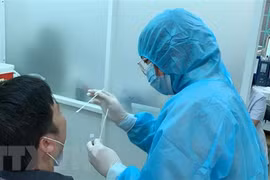 Nhân viên y tế lấy mẫu xét nghiệm. (Ảnh: Đinh Hằng/TTXVN)