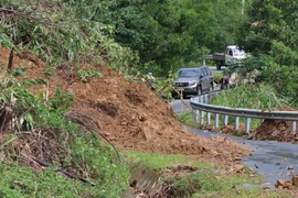 Sạt lở đất tại một tuyến đường ở Quảng Ngãi. (Nguồn: TTXVN)
