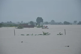 Lực lượng Cảnh sát Phòng cháy chữa cháy và cứu nạn cứu hộ-Công an tỉnh Gia Lai cứu hộ 14 hộ dân đến nơi an toàn. (Ảnh: Quang Thái/TTXVN)
