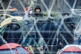 Người di cư tập trung tại Belarus, gần cửa khẩu ở Kuznica, phía Đông Ba Lan, ngày 11/11/2021. (Ảnh: PAP/TTXVN)