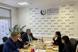 Chủ tịch Liên hiệp các tổ chức hữu nghị Việt Nam làm việc với lãnh đạo Hiệp hội nhân dân Á-Âu. (Nguồn: TTXVN)