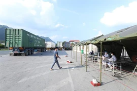Lái xe đường dài khai báo y tế tại chốt kiểm soát liên ngành tại thôn Than Muội, thị trấn Đồng Mỏ, huyện Chi Lăng, tỉnh Lạng Sơn. (Ảnh: Anh Tuấn/TTXVN)