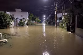 Nước sông Kôn dâng cao khiến một khu dân cư tại huyện Tuy Phước, tỉnh Bình Định bị ngập sâu. (Ảnh: Tường Quân/TTXVN)