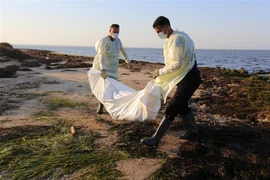 Nhân viên Cơ quan bảo vệ dân sự Tunisia chuyển thi thể người di cư thiệt mạng do chìm thuyền tại Zarzis, ngày 16/7/2019. (Ảnh: AFP/ TTXVN)