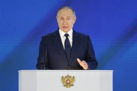 Tổng thống Nga Vladimir Putin đọc Thông điệp Liên bang thứ 27 tại Moskva ngày 21/4/2021. (Ảnh: AFP/ TTXVN)