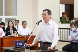 Bị cáo Vũ Huy Hoàng (cựu Bộ trưởng Bộ Công Thương) khai báo trước tòa ngày 22/4. (Ảnh: Phạm Kiên/TTXVN)