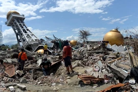 Nhân viên cứu hộ tìm kiếm nạn nhân sau trận động đất ở Palu, Indonesia. (Nguồn: THX/TTXVN)
