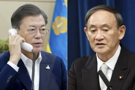 Thủ tướng Nhật Bản Yoshihide Suga (phải) và Tổng thống Hàn Quốc Moon Jae-in. (Nguồn: Yonhap)