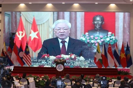 Tổng Bí thư, Chủ tịch nước Nguyễn Phú Trọng phát biểu chào mừng trực tuyến đến đại hội. (Ảnh: TTXVN)