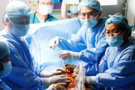 Tiến sỹ, bác sỹ Đỗ Nguyên Tín trong phòng mổ can thiệp tim trong bào thai cùng các đồng nghiệp Bệnh viện Từ Dũ Thành phố Hồ Chí Minh. (Ảnh: TTXVN phát)