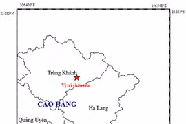 Vị trí chấn tâm của trận động đất thứ hai, nằm trên địa phận huyện Trùng Khánh, tỉnh Cao Bằng. (Nguồn: igp-vast.vn)