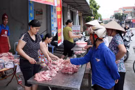 Người dân mua thịt lợn bán tại chợ thuộc huyện Khoái Châu, Hưng Yên. (Ảnh: Phạm Kiên/TTXVN)
