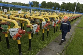 Công nhân kiểm tra các thiết bị của hệ thống đường ống dẫn khí đốt Dashava ở Striy, ngoại ô Lviv, Ukraine. (Nguồn: AFP/TTXVN)