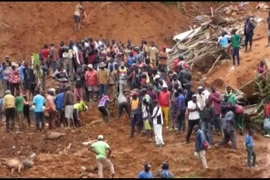 Lực lượng cứu hộ tìm kiếm các nạn nhân tại hiện trường vụ lở đất ở Bafoussam, Cameroon, ngày 29/10/2019. (Nguồn: AFP/ TTXVN)