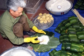 Làng nghề gói bánh chưng truyền thống Tranh Khúc, (Ảnh: TTXVN)