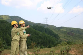 Sử dụng thiết bị bay không người lái giám sát đường dây điện 500kV. (Ảnh: Ngọc Hà/TTXVN)