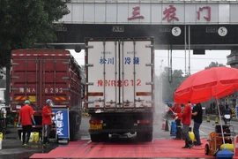 Phun thuốc khử trùng cho phương tiện ra vào chợ Tân Phát Địa. (Ảnh: THX/TTXVN)