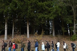 Người tị nạn chờ xe buýt sau khi vượt qua khu vực biên giới giữa Áo và Đức ở Wegscheid, miền nam Đức năm 2015. (Nguồn: AFP/TTXVN)