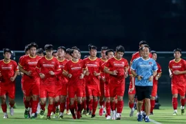 Đội tuyển Việt Nam tập buổi cuối cùng trên sân Al Ahli. (Ảnh: Hoàng Linh/TTXVN)
