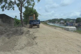 Đường trên đê bị xuống cấp nghiêm trọng. (Ảnh: Trịnh Duy Hưng/TTXVN)