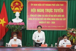 Ông Lê Quang Mạnh, Ủy viên Trung ương Đảng, Bí thư Thành ủy, Trưởng ban chỉ đạo Bầu cử thành phố Cần Thơ, phát biểu chỉ đạo tại Hội nghị. (Ảnh: Ngọc Thiện/TTXVN)