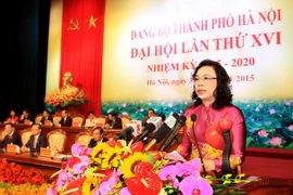 Đồng chí Ngô Thị Thanh Hằng, Phó Bí thư Thường trực Thành ủy phát biểu bế mạc Đại hội. (Ảnh: An Đăng/TTXVN)