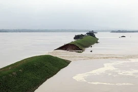 Nước lũ chảy qua đoạn đê bị vỡ ở tỉnh Giang Tây ngày 22/6. (Nguồn: Getty Images)