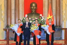 Chủ tịch nước Trần Đại Quang trao Quyết định bổ nhiệm Phó Chánh án, Thẩm phán Tòa án nhân dân tối cao. (Ảnh: Nhan Sáng/TTXVN)