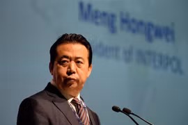 Chủ tịch Tổ chức Cảnh sát hình sự quốc tế (Interpol) Mạnh Hoành Vĩ phát biểu tại Đại hội thế giới Interpol ở Singapore ngày 4/7/2017. (Ảnh: AFP/ TTXVN)