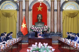 Chủ tịch nước Nguyễn Xuân Phúc tiếp bà Khemmani Pholsena, Bộ trưởng, Chủ nhiệm Văn phòng Chủ tịch nước Lào. (Ảnh: Thống Nhất/TTXVN)