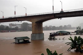 Mực nước sông Lô, địa phận thành phố Tuyên Quang đang dâng khá cao. (Ảnh: Quang Đán/TTXVN)