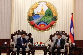 Bộ trưởng Bộ Công Thương Trần Tuấn Anh chào xã giao Thủ tướng Lào Thoongloun Sisoulith. (Ảnh: Phạm Kiên/TTXVN)