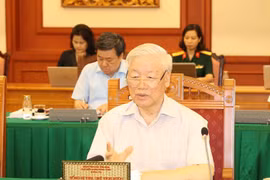 Tổng Bí thư, Chủ tịch nước Nguyễn Phú Trọng, Bí thư Quân ủy Trung ương phát biểu kết luận buổi làm việc với Ban Thường vụ Quân ủy Trung ương. (Ảnh: Trí Dũng/TTXVN)
