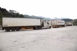 Các xe vận tải tham gia xuất nhập khẩu hàng hóa tại Cửa khẩu Quốc tế Thanh Thủy ở tỉnh Hà Giang. (Ảnh: Minh Tâm/TTXVN)
